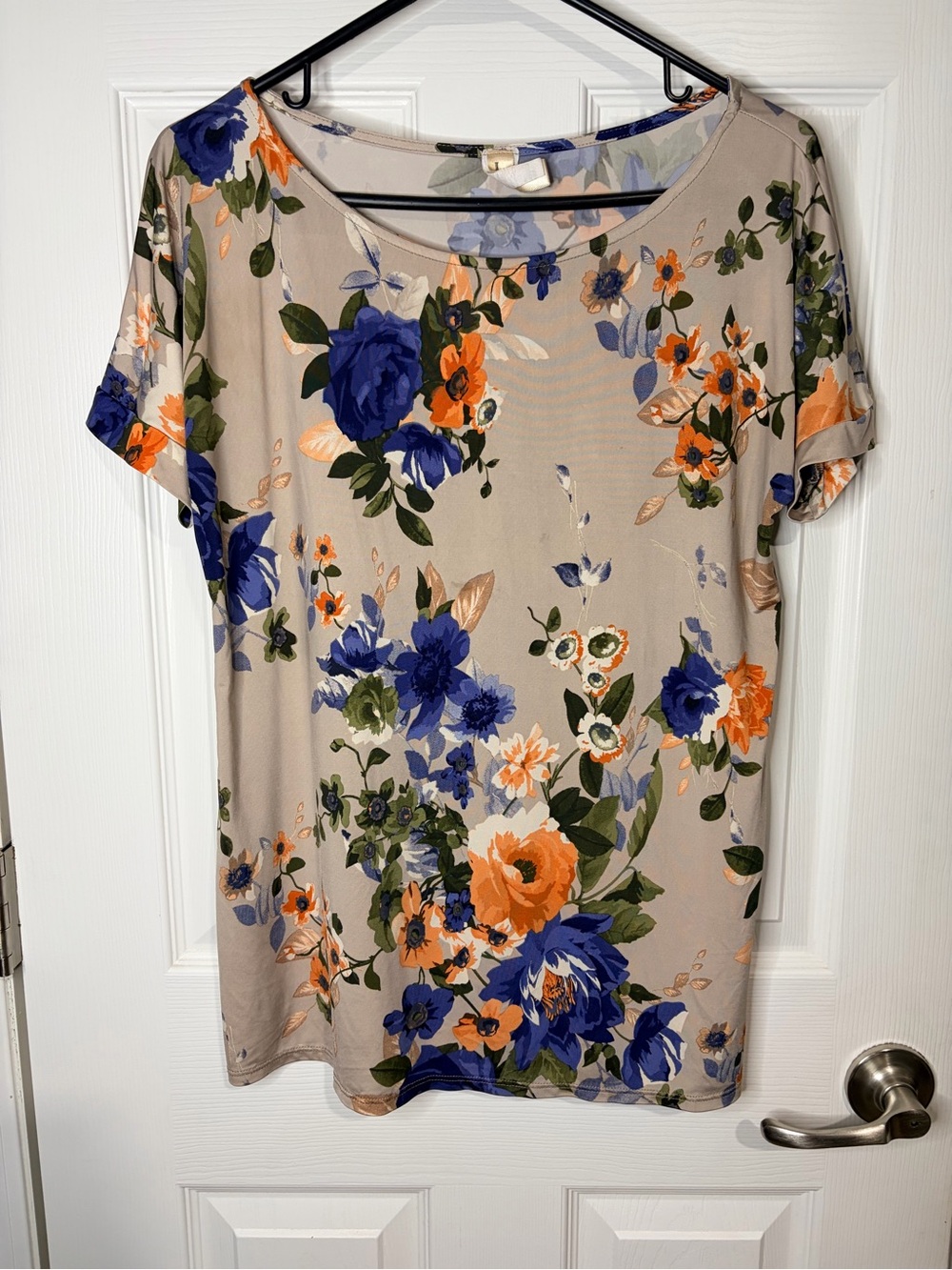 LARA Taupe Short Sleeve Tee with Blue & Orange Floral Print